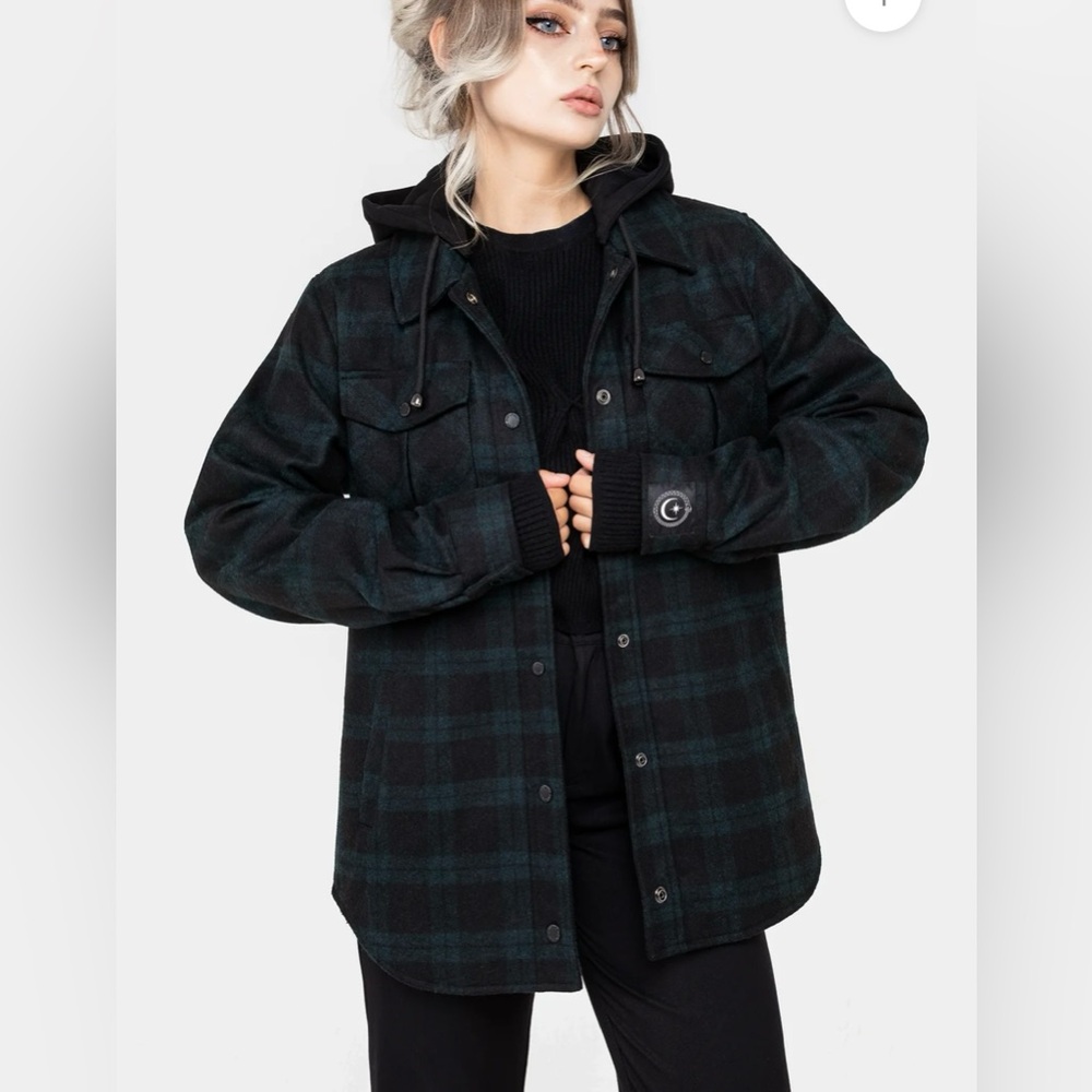 Disturbia Trellis Hooded Pocket Wool Blend Plaid Check Shacket Size 8 NWT